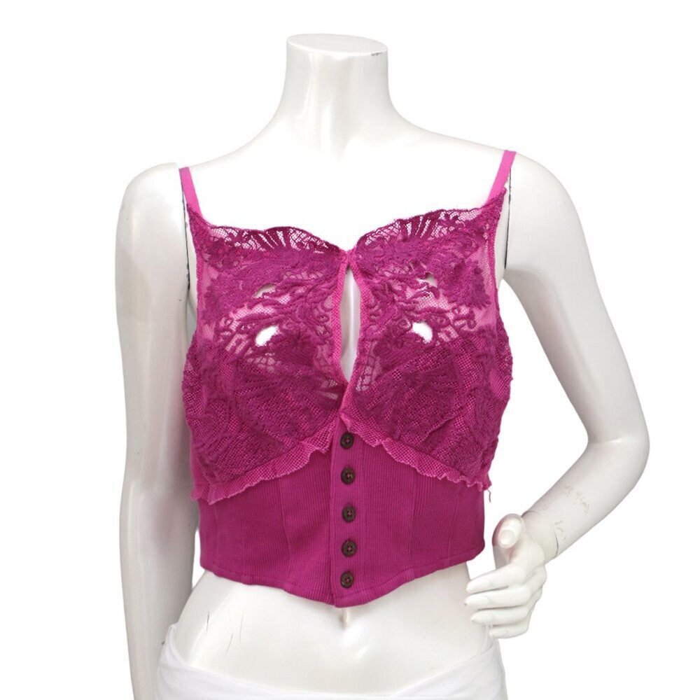 Free People Have My Heart Lace Tank Cotton Crop Top Pink Purple Buttons Summer - Picture 5 of 10